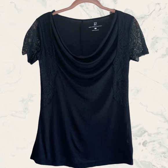 NY & C Black Lace trim short sleeve cowl neck top - Picture 1 of 4